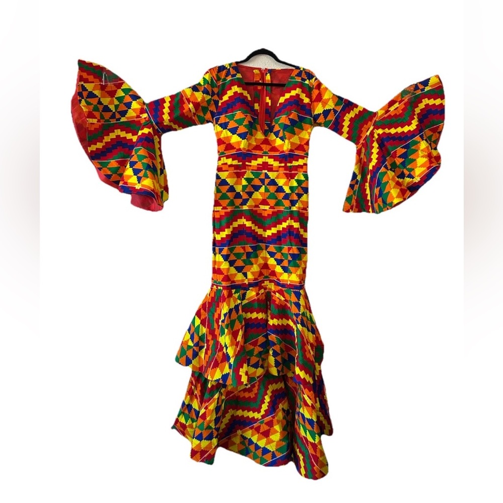 VTG Handmade Kente Print Maxi Dress Bell Sleeve Afro Boho Festival Gown 6-8